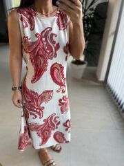 Bb 29998 Bordo Şal Desen Keten Elbise