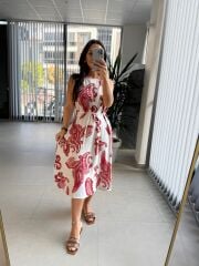 Bb 29998 Bordo Şal Desen Keten Elbise