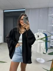 Oversize Tensel Siyah Gömlek