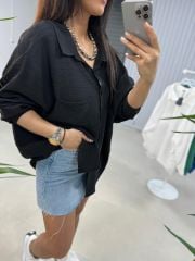 Oversize Tensel Siyah Gömlek