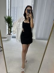 Square neck black mini dress