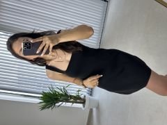 Square neck black mini dress