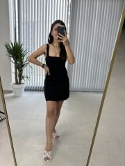 Square neck black mini dress