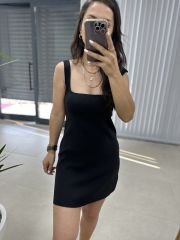 Square neck black mini dress