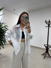 Fp 4924 Oversize Beyaz Transparan İpeksi Gömlek