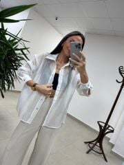 Fp 4924 Oversize Beyaz Transparan İpeksi Gömlek