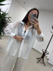Fp 4924 Oversize Beyaz Transparan İpeksi Gömlek