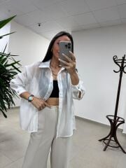 Fp 4924 Oversize Beyaz Transparan İpeksi Gömlek