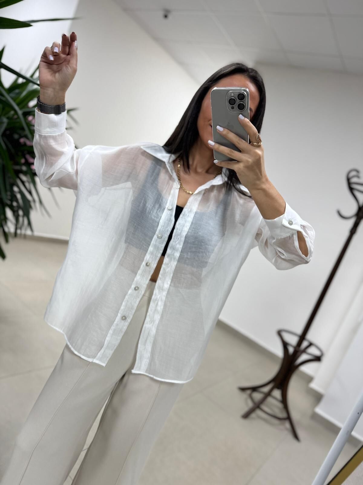 Fp 4924 Oversize Beyaz Transparan İpeksi Gömlek