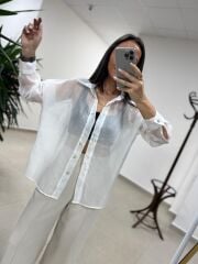 Fp 4924 Oversize Beyaz Transparan İpeksi Gömlek