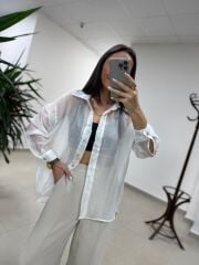 Fp 4924 Oversize Beyaz Transparan İpeksi Gömlek