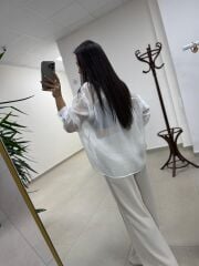 Fp 4924 Oversize Beyaz Transparan İpeksi Gömlek