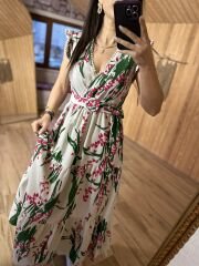 My 3073 Yeşil pembe çiçekli kolsuz keten elbise