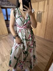 My 3073 Yeşil pembe çiçekli kolsuz keten elbise