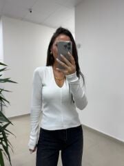 Bb 30587 Ekru V Yaka Fitilli Pamuklu Bluz