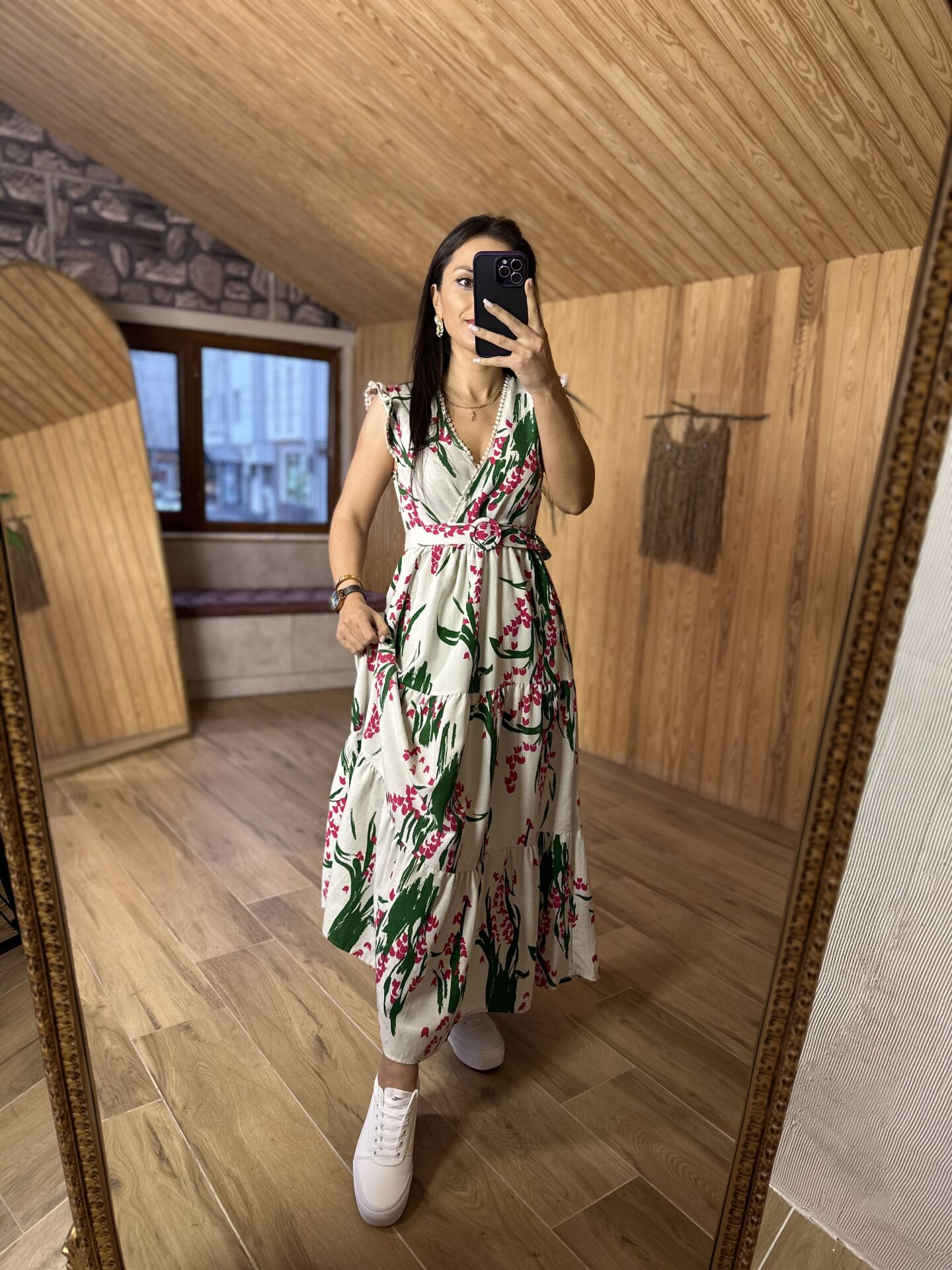 My 3073 Yeşil pembe çiçekli kolsuz keten elbise