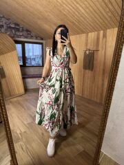 My 3073 Yeşil pembe çiçekli kolsuz keten elbise