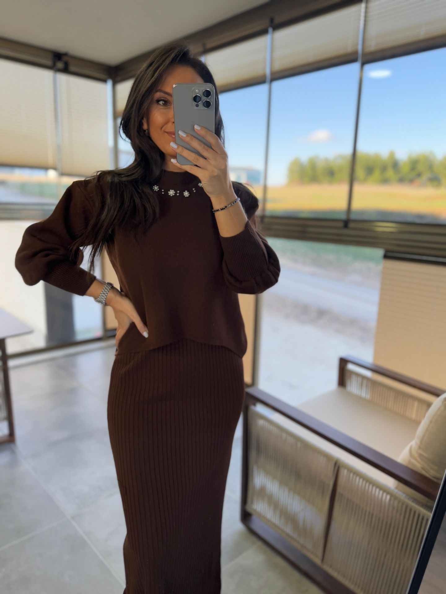 My 1111 Collar Pearl Detailed Light Brown Knitwear Set