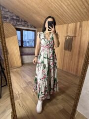 My 3073 Yeşil pembe çiçekli kolsuz keten elbise