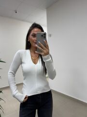 Bb 30587 Ekru V Yaka Fitilli Pamuklu Bluz