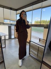 My 1111 Collar Pearl Detailed Light Brown Knitwear Set