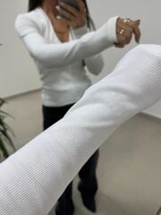 Bb 30587 Ekru V Yaka Fitilli Pamuklu Bluz