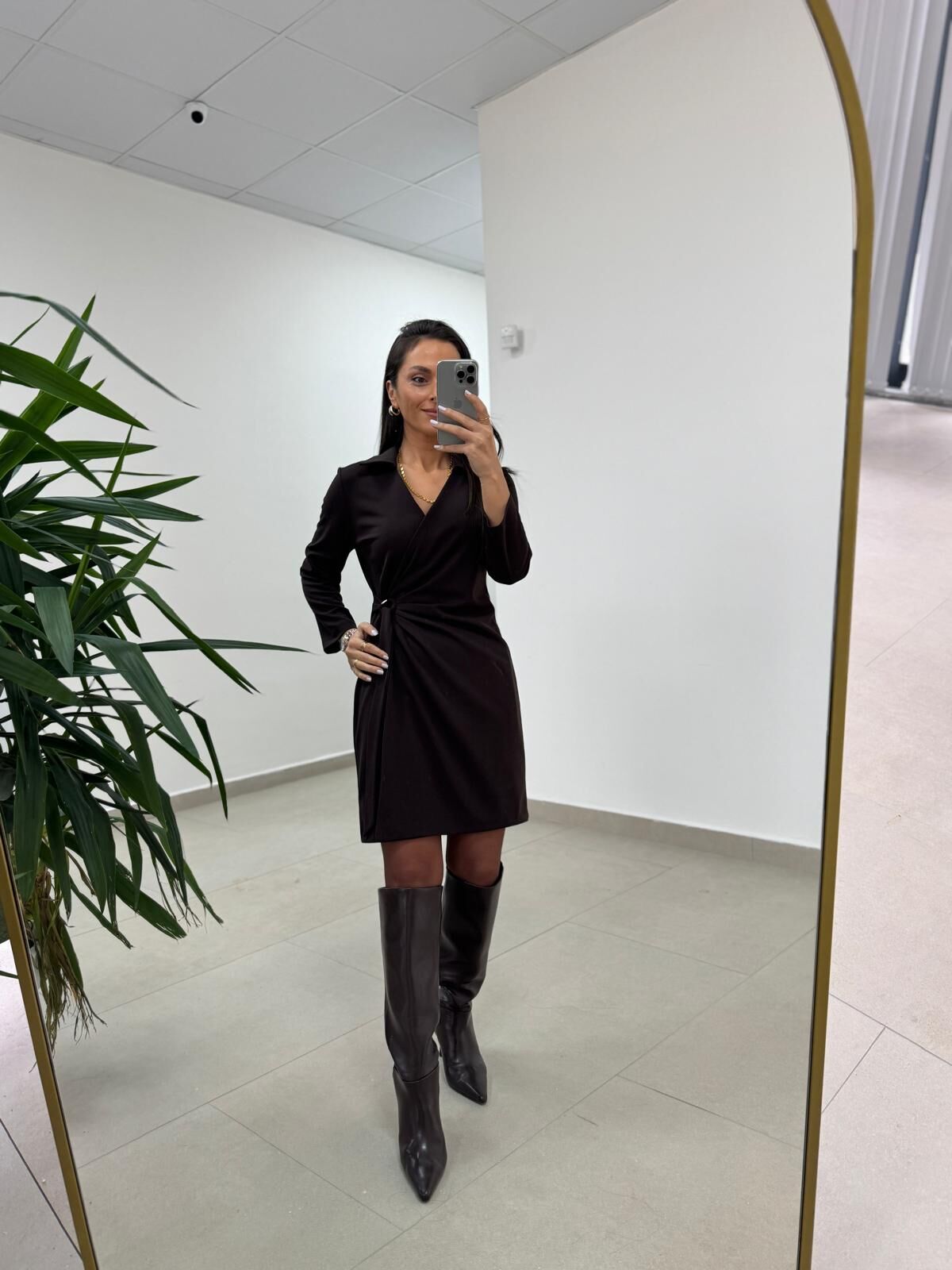 Mc 5909 Kahve Kruvaze Tokalı Elbise