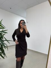 Mc 5909 Kahve Kruvaze Tokalı Elbise