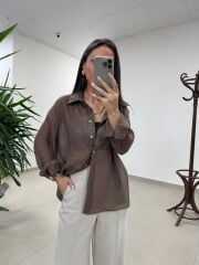 Fp 4924 Oversize Kahve Transparan İpeksi Gömlek