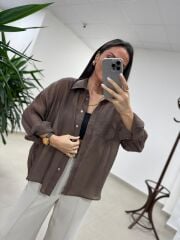 Fp 4924 Oversize Kahve Transparan İpeksi Gömlek