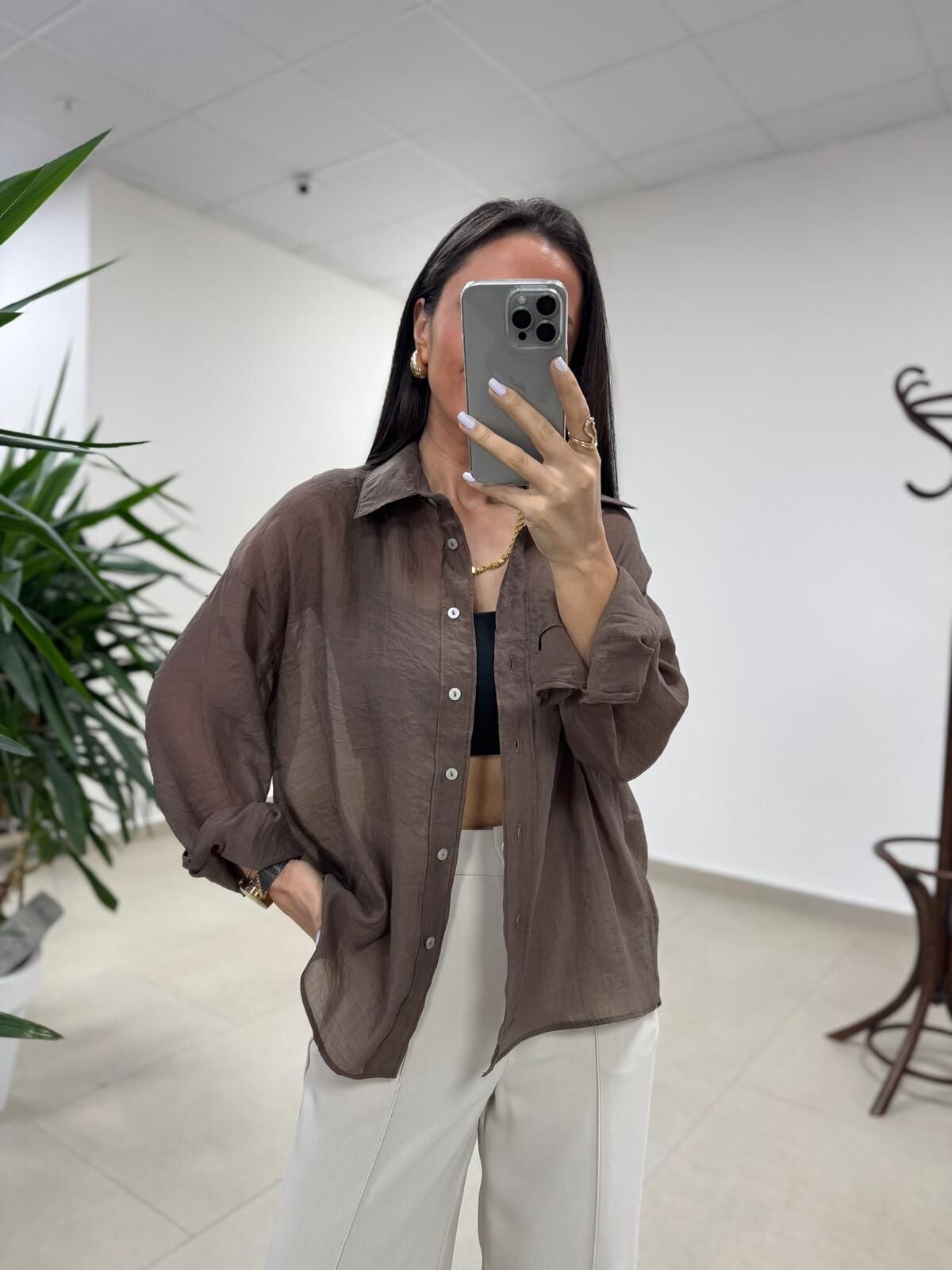 Fp 4924 Oversize Kahve Transparan İpeksi Gömlek