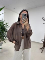 Fp 4924 Oversize Kahve Transparan İpeksi Gömlek