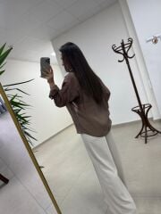 Fp 4924 Oversize Kahve Transparan İpeksi Gömlek