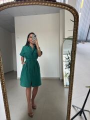 Art 4025 Dört Cepli Zümrüt Gömlek Elbise