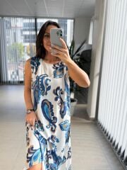 Bb 29998 İndigo Şal Desen Keten Elbise