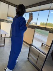 My 1111 Yaka İnci Detaylı Saks Triko Takım