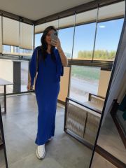 My 1111 Yaka İnci Detaylı Saks Triko Takım