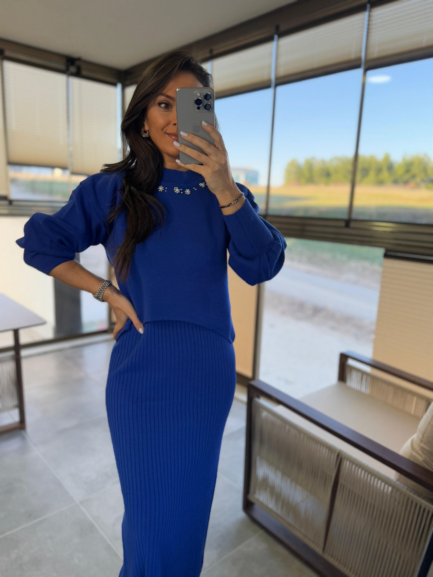 My 1111 Yaka İnci Detaylı Saks Triko Takım