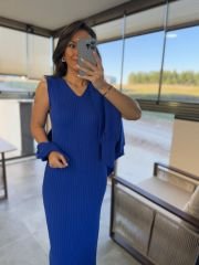 My 1111 Yaka İnci Detaylı Saks Triko Takım