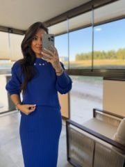 My 1111 Yaka İnci Detaylı Saks Triko Takım