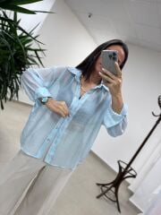 Fp 4924 Oversize Açık Mavi Transparan İpeksi Gömlek