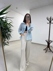 Fp 4924 Oversize Açık Mavi Transparan İpeksi Gömlek