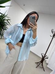 Fp 4924 Oversize Açık Mavi Transparan İpeksi Gömlek