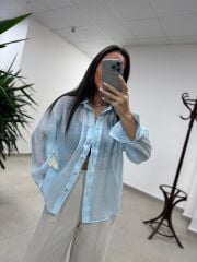 Fp 4924 Oversize Açık Mavi Transparan İpeksi Gömlek