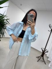 Fp 4924 Oversize Açık Mavi Transparan İpeksi Gömlek