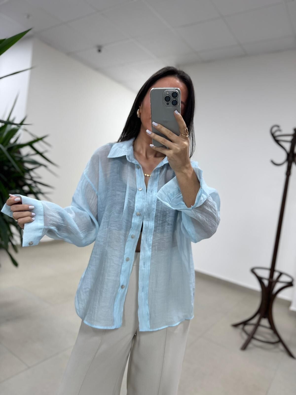 Fp 4924 Oversize Açık Mavi Transparan İpeksi Gömlek