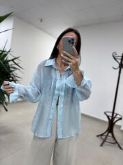 Fp 4924 Oversize Açık Mavi Transparan İpeksi Gömlek