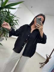 Fp 4924 Oversize Siyah Transparan İpeksi Gömlek