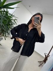 Fp 4924 Oversize Siyah Transparan İpeksi Gömlek