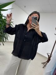 Fp 4924 Oversize Siyah Transparan İpeksi Gömlek